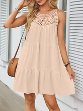 Hollow Pleated Solid Color Split-Joint A-Line Loose Round-Neck Mini Dresses